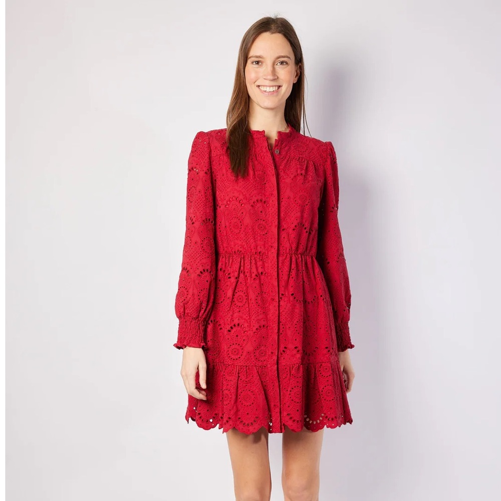 NWT Small Sail to Sable Red Eyelet Long Sleeve Cinched Waist Dress